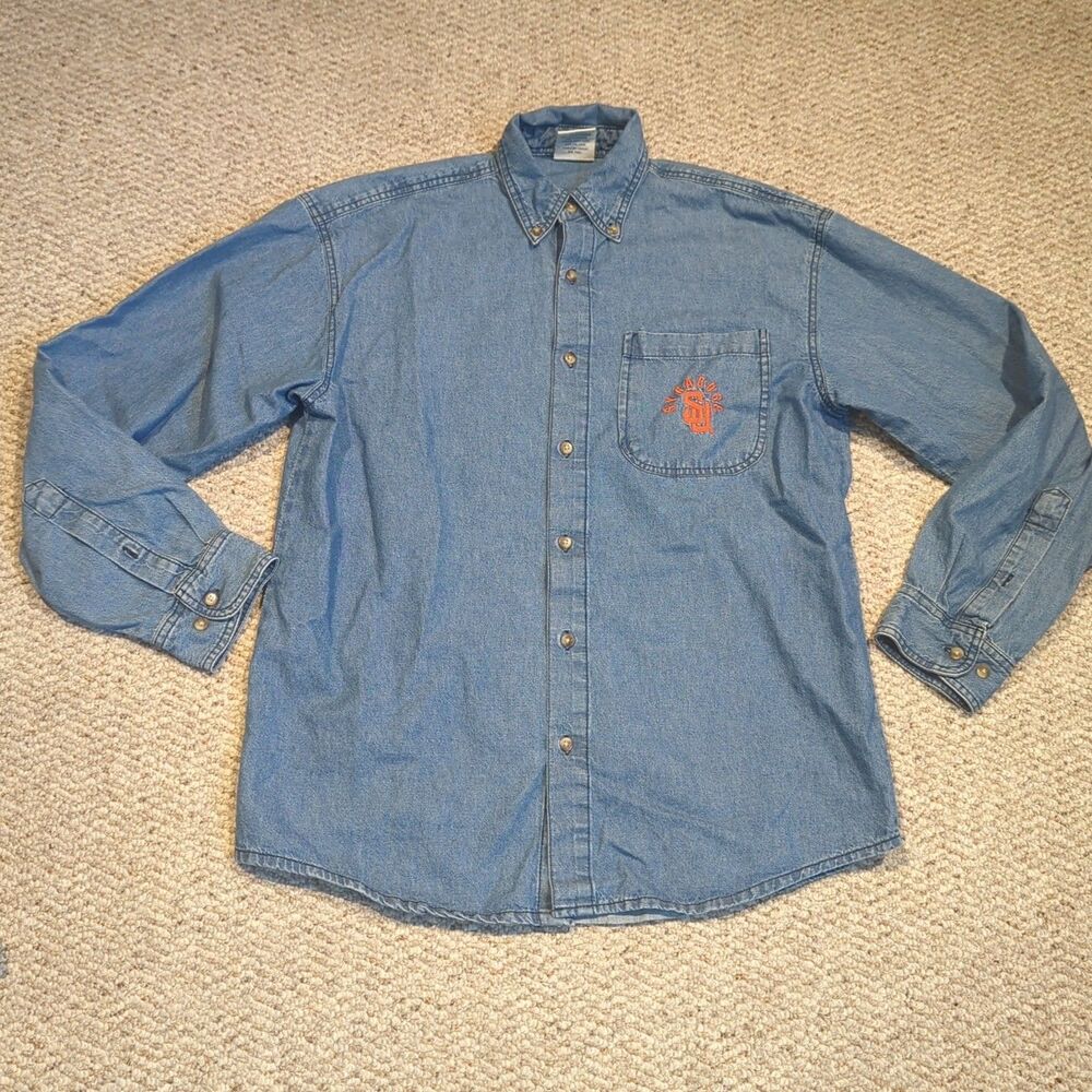 Joe College Syracuse University Orangemen Denim Button Up Shirt Mens Medium Blue
